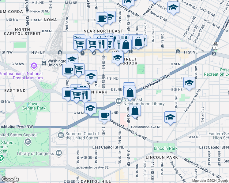 map of restaurants, bars, coffee shops, grocery stores, and more near 101 Independence Avenue Southeast in Washington