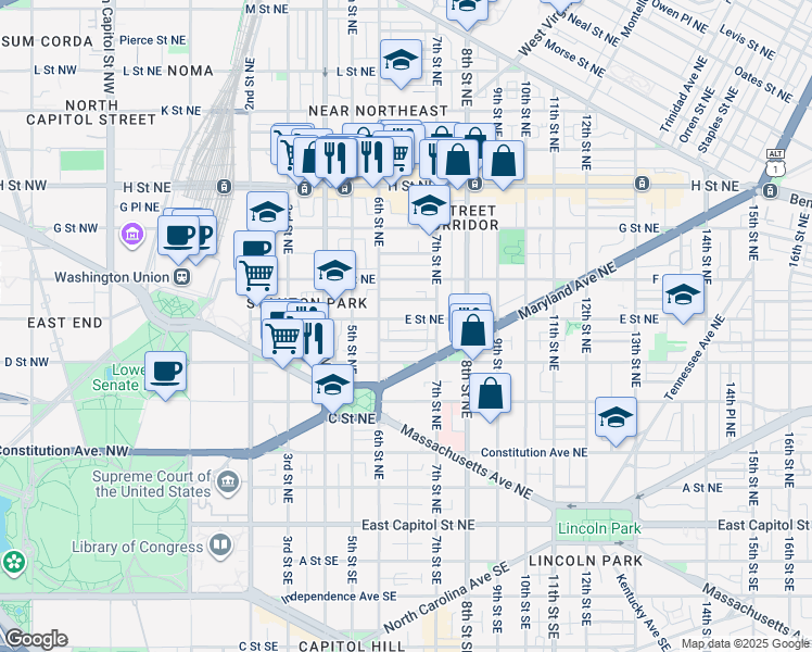 map of restaurants, bars, coffee shops, grocery stores, and more near 101 Independence Avenue Southeast in Washington