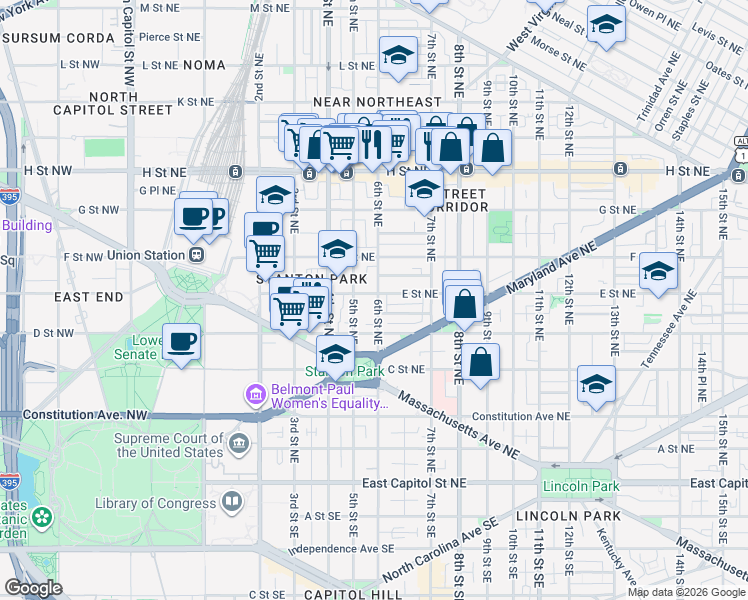 map of restaurants, bars, coffee shops, grocery stores, and more near 101 Independence Avenue Southeast in Washington