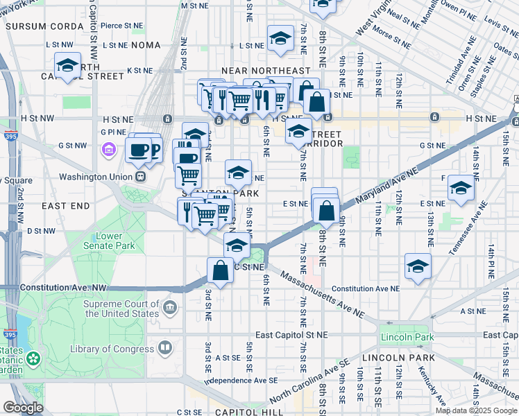 map of restaurants, bars, coffee shops, grocery stores, and more near 101 Independence Avenue Southeast in Washington