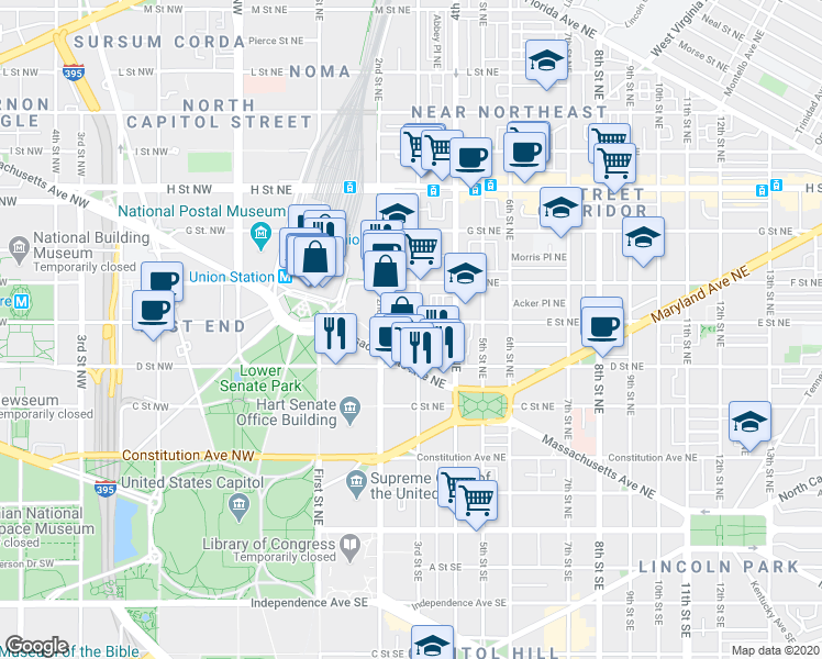 map of restaurants, bars, coffee shops, grocery stores, and more near 101 Independence Avenue Southeast in Washington