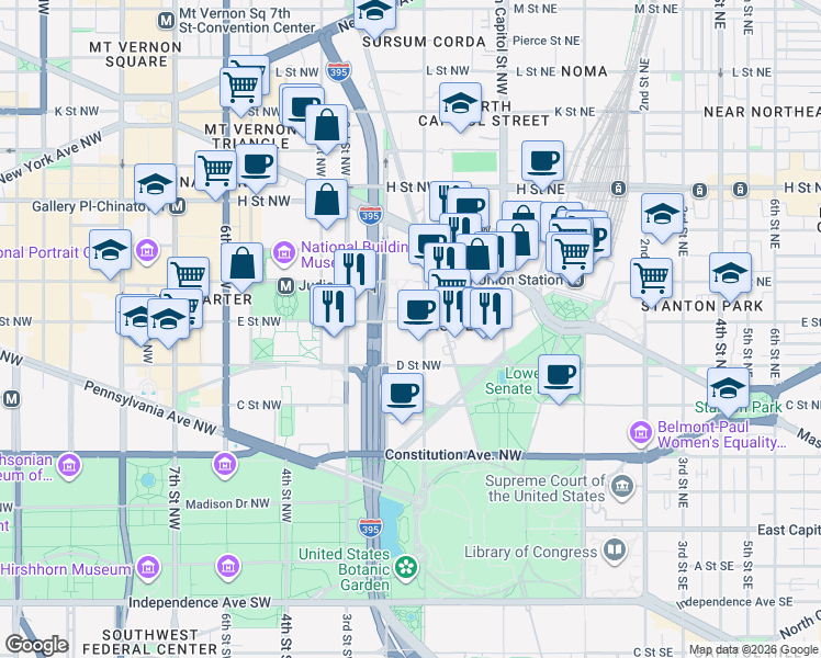 map of restaurants, bars, coffee shops, grocery stores, and more near 101 Independence Avenue Southeast in Washington