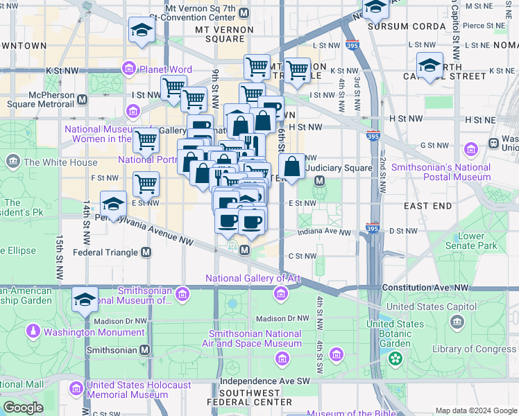 map of restaurants, bars, coffee shops, grocery stores, and more near 101 Independence Avenue Southeast in Washington