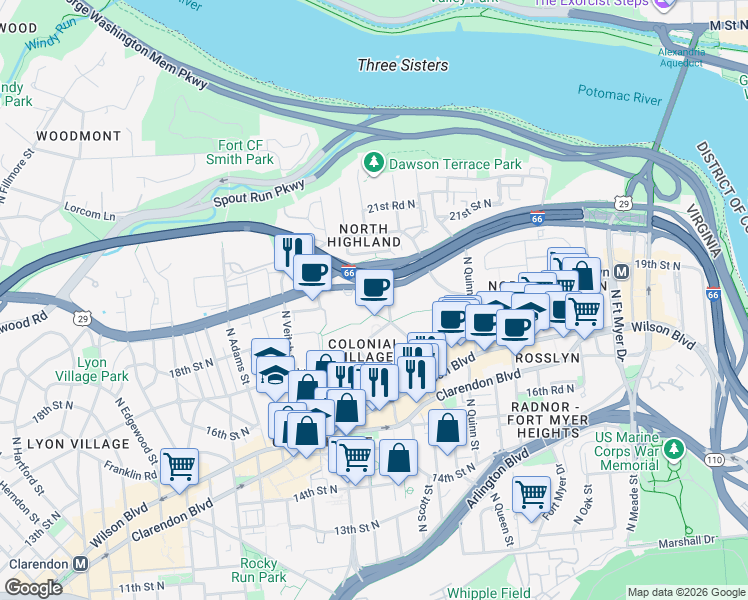 map of restaurants, bars, coffee shops, grocery stores, and more near 101 Independence Avenue Southeast in Washington