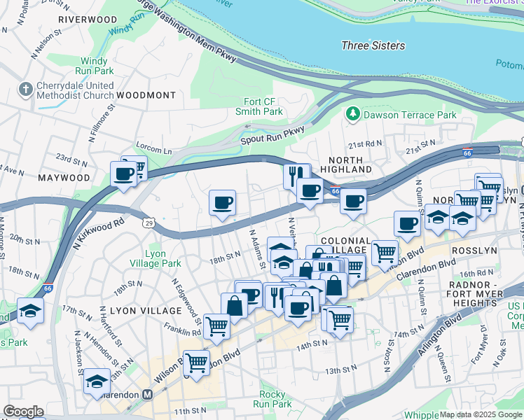 map of restaurants, bars, coffee shops, grocery stores, and more near 101 Independence Avenue Southeast in Washington
