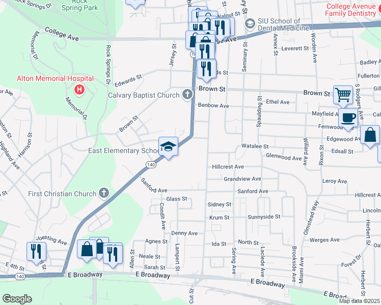 map of restaurants, bars, coffee shops, grocery stores, and more near 1103 Washington Avenue in Alton
