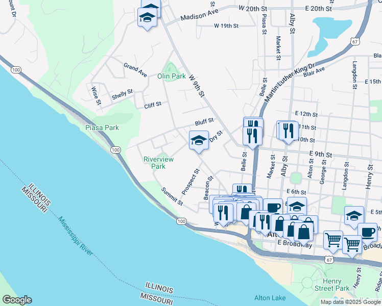 map of restaurants, bars, coffee shops, grocery stores, and more near 918 State Street in Alton