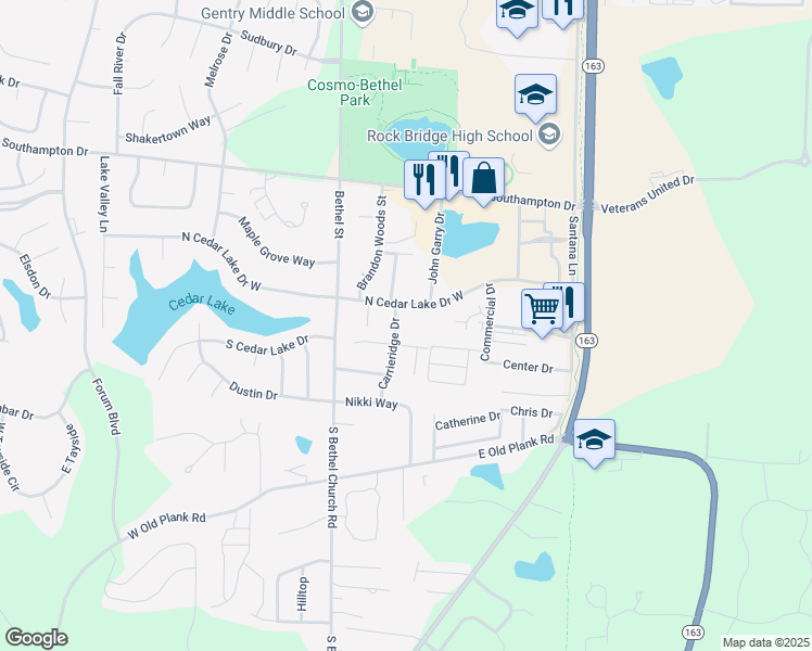 map of restaurants, bars, coffee shops, grocery stores, and more near 262 North Cedar Lake Drive East in Columbia