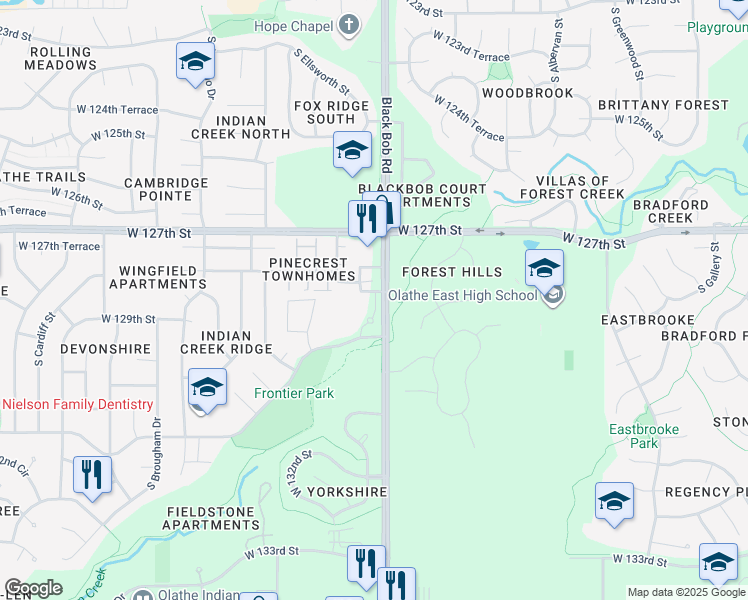 map of restaurants, bars, coffee shops, grocery stores, and more near 12760 South Black Bob Road in Olathe