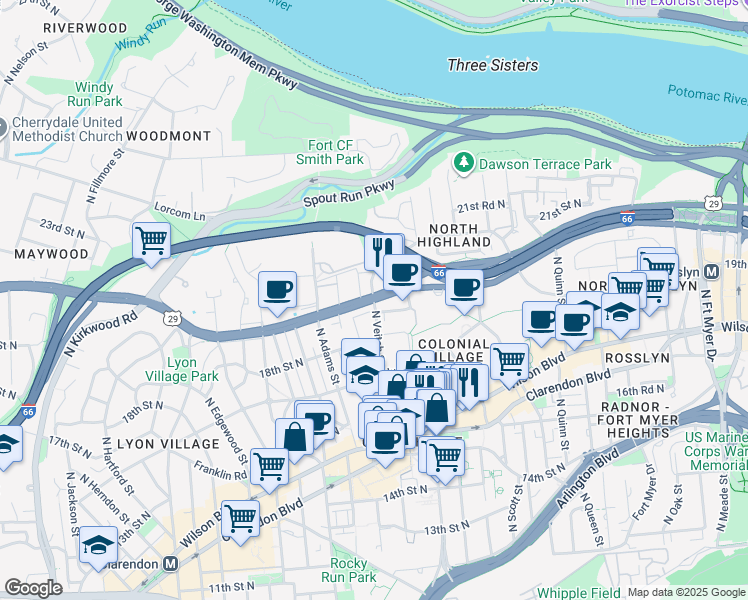 map of restaurants, bars, coffee shops, grocery stores, and more near Lee Hwy & N Veitch St in Arlington