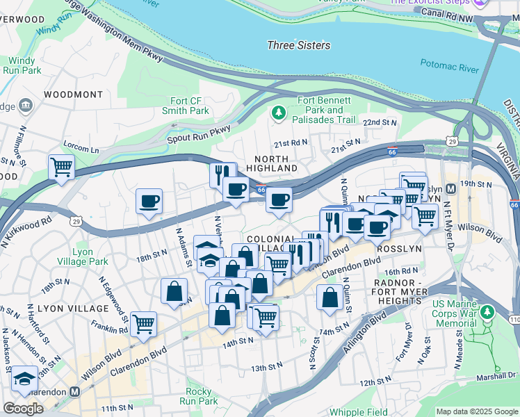 map of restaurants, bars, coffee shops, grocery stores, and more near 2100 Langston Boulevard in Arlington