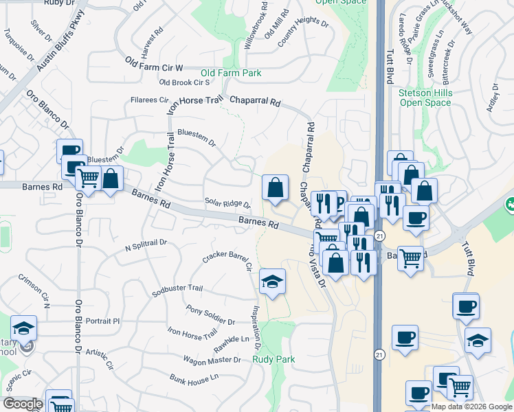 map of restaurants, bars, coffee shops, grocery stores, and more near 5509 Jennifer Lane in Colorado Springs