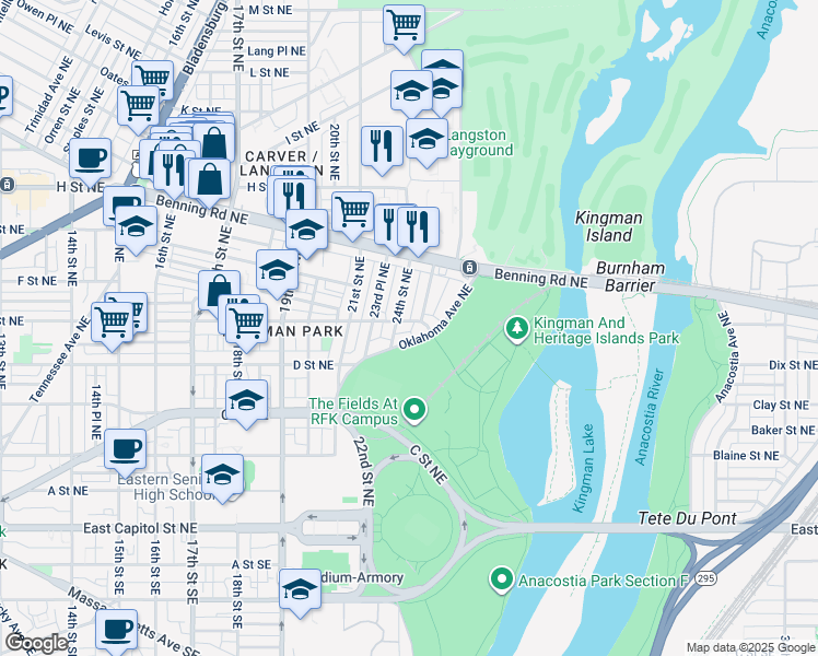 map of restaurants, bars, coffee shops, grocery stores, and more near 2413 E Street Northeast in Washington