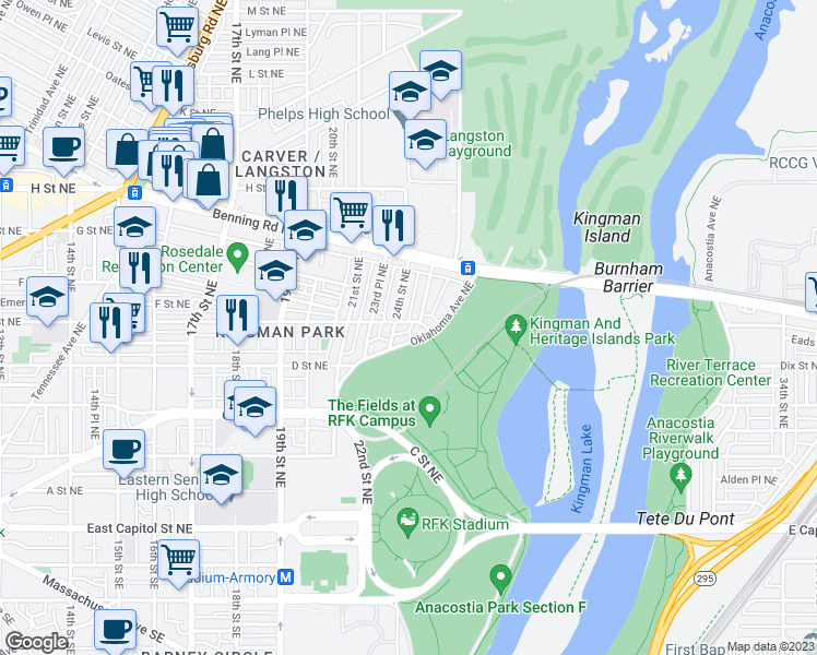 map of restaurants, bars, coffee shops, grocery stores, and more near 2413 E Street Northeast in Washington