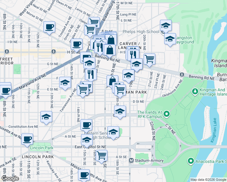 map of restaurants, bars, coffee shops, grocery stores, and more near 101 Independence Avenue Southeast in Washington