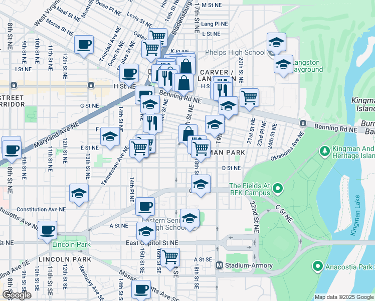 map of restaurants, bars, coffee shops, grocery stores, and more near 101 Independence Avenue Southeast in Washington