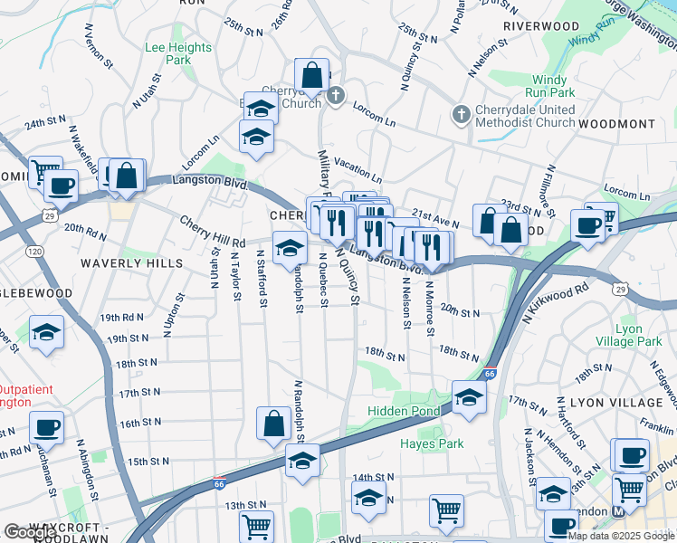 map of restaurants, bars, coffee shops, grocery stores, and more near 4014 21st Street North in Arlington