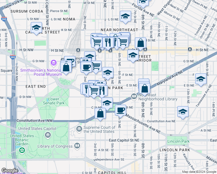 map of restaurants, bars, coffee shops, grocery stores, and more near 415 E Street Northeast in Washington