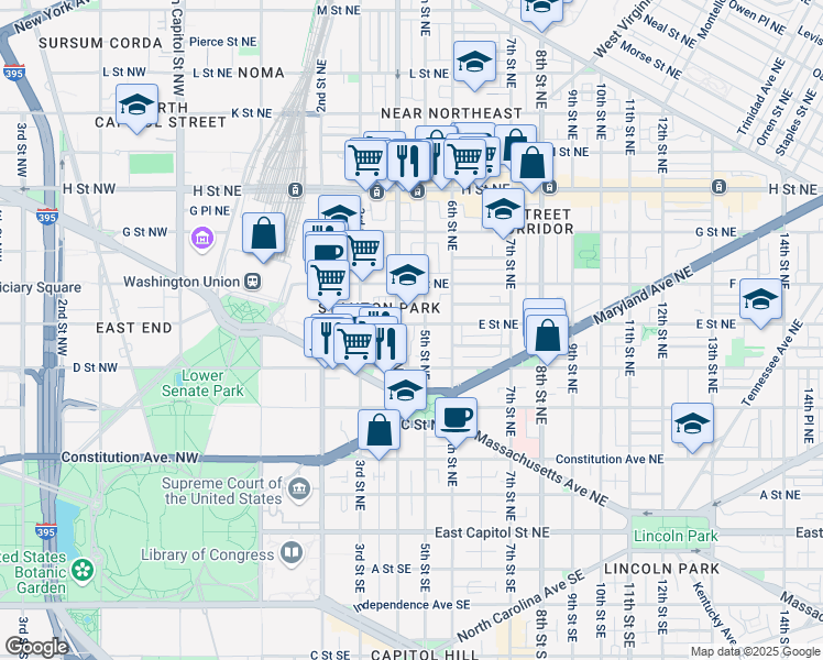 map of restaurants, bars, coffee shops, grocery stores, and more near 415 E Street Northeast in Washington