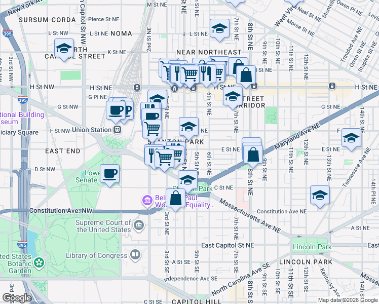 map of restaurants, bars, coffee shops, grocery stores, and more near 101 Independence Avenue Southeast in Washington