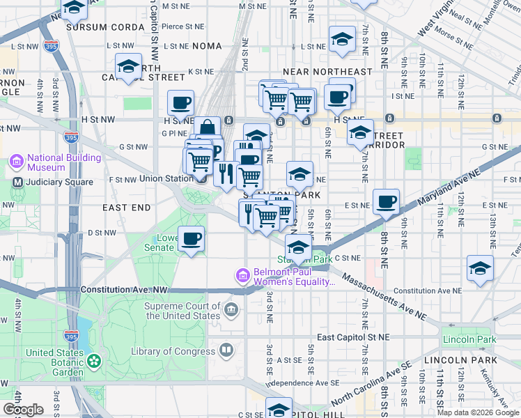 map of restaurants, bars, coffee shops, grocery stores, and more near 221 E Street Northeast in Washington