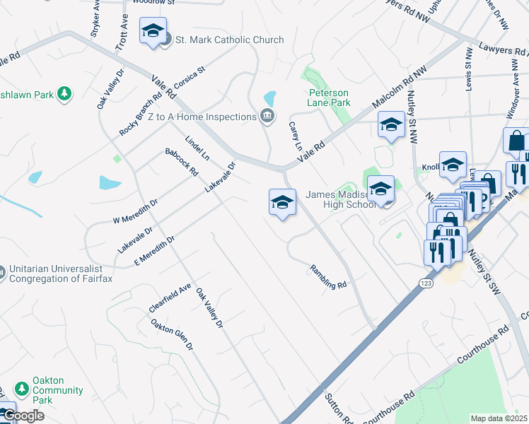 map of restaurants, bars, coffee shops, grocery stores, and more near 2501 Rambling Road in Vienna
