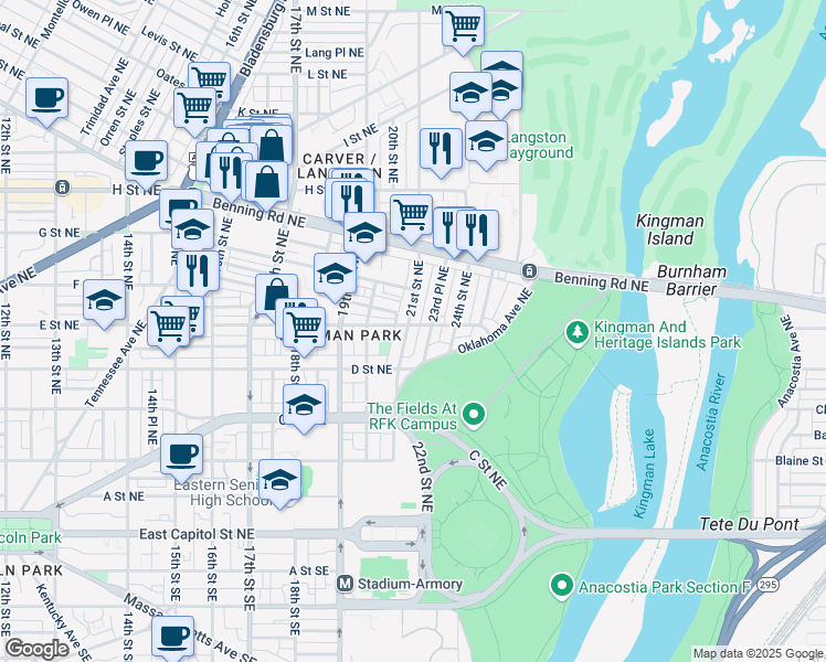 map of restaurants, bars, coffee shops, grocery stores, and more near 441 21st Street Northeast in Washington