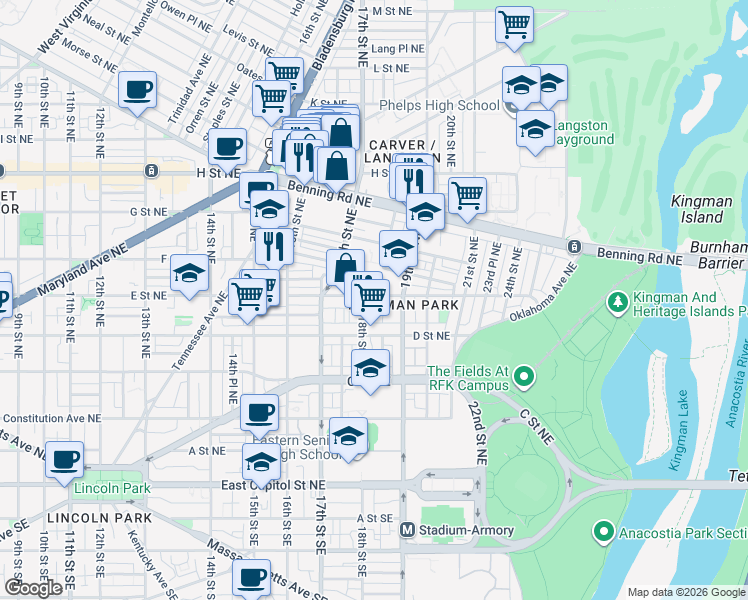 map of restaurants, bars, coffee shops, grocery stores, and more near 101 Independence Avenue Southeast in Washington