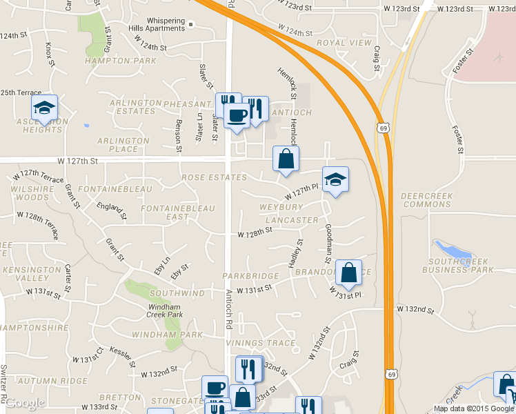 map of restaurants, bars, coffee shops, grocery stores, and more near 8516 West 127th Circle in Overland Park