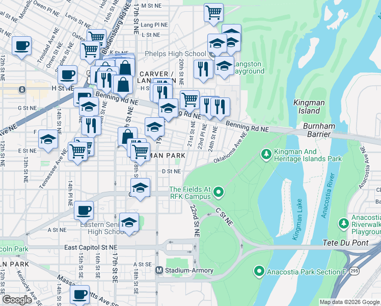 map of restaurants, bars, coffee shops, grocery stores, and more near 101 Independence Avenue Southeast in Washington