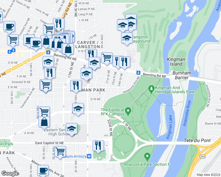 map of restaurants, bars, coffee shops, grocery stores, and more near 434 23rd Place Northeast in Washington