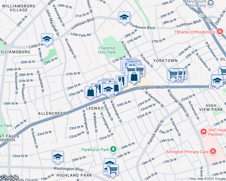 map of restaurants, bars, coffee shops, grocery stores, and more near 5607 Langston Boulevard in Arlington