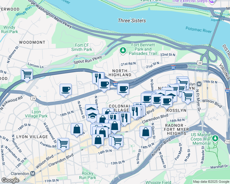 map of restaurants, bars, coffee shops, grocery stores, and more near 101 Independence Avenue Southeast in Washington