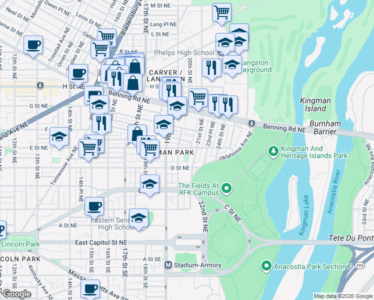 map of restaurants, bars, coffee shops, grocery stores, and more near 101 Independence Avenue Southeast in Washington