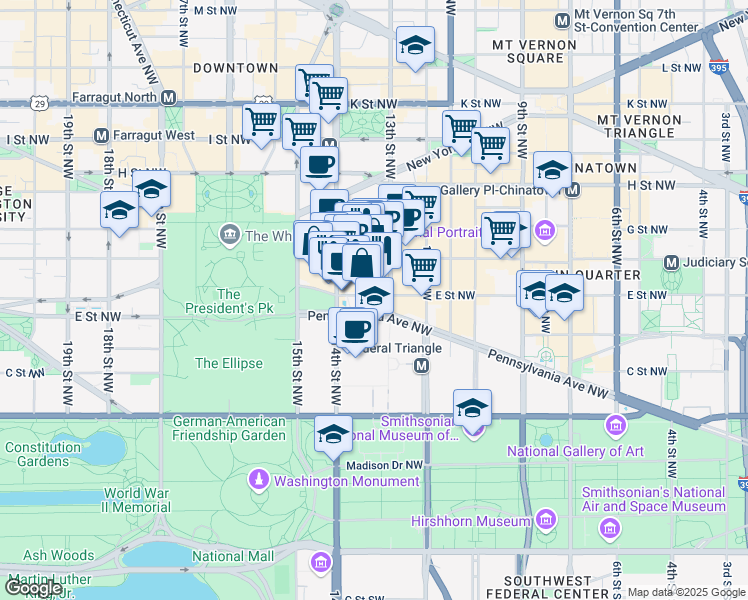 map of restaurants, bars, coffee shops, grocery stores, and more near 1301 Pennsylvania Avenue Northwest in Washington