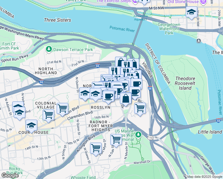 map of restaurants, bars, coffee shops, grocery stores, and more near 1400 Key Boulevard in Arlington