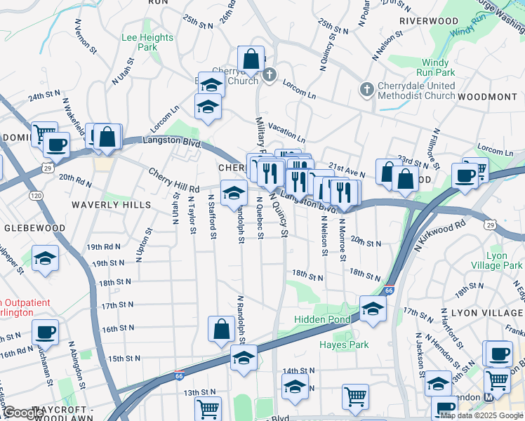 map of restaurants, bars, coffee shops, grocery stores, and more near 4026 21st Street North in Arlington