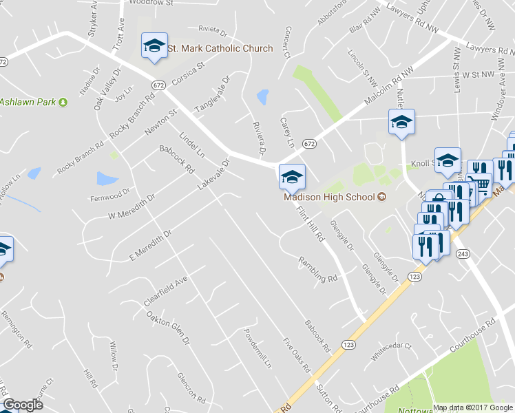 map of restaurants, bars, coffee shops, grocery stores, and more near 2501 Rambling Road in Vienna