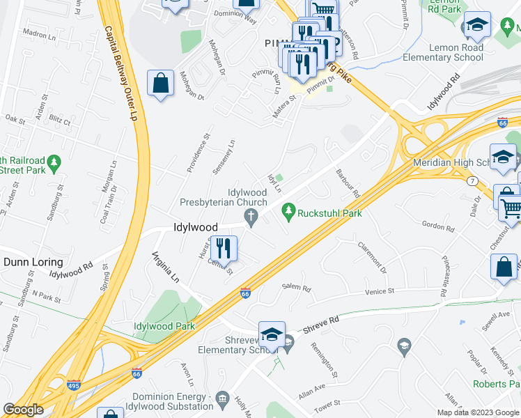 map of restaurants, bars, coffee shops, grocery stores, and more near 7604 Idylwood Road in Falls Church