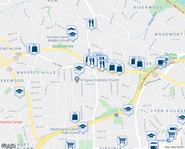 map of restaurants, bars, coffee shops, grocery stores, and more near 4014 21st Street North in Arlington