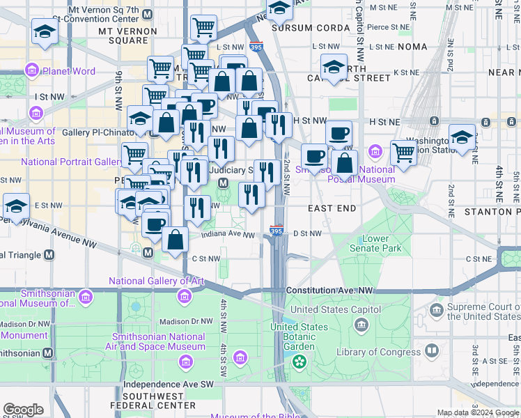 map of restaurants, bars, coffee shops, grocery stores, and more near 340 E Street NW in Washington