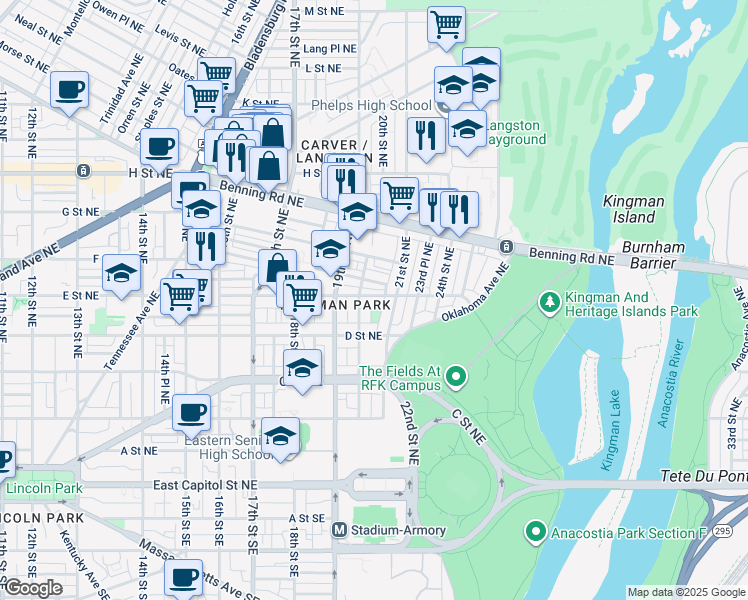 map of restaurants, bars, coffee shops, grocery stores, and more near 2017 E Street Northeast in Washington