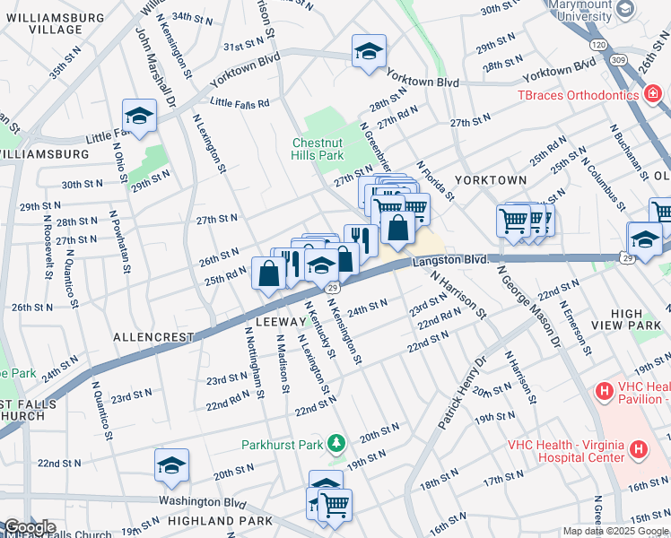 map of restaurants, bars, coffee shops, grocery stores, and more near 5607 Langston Boulevard in Arlington