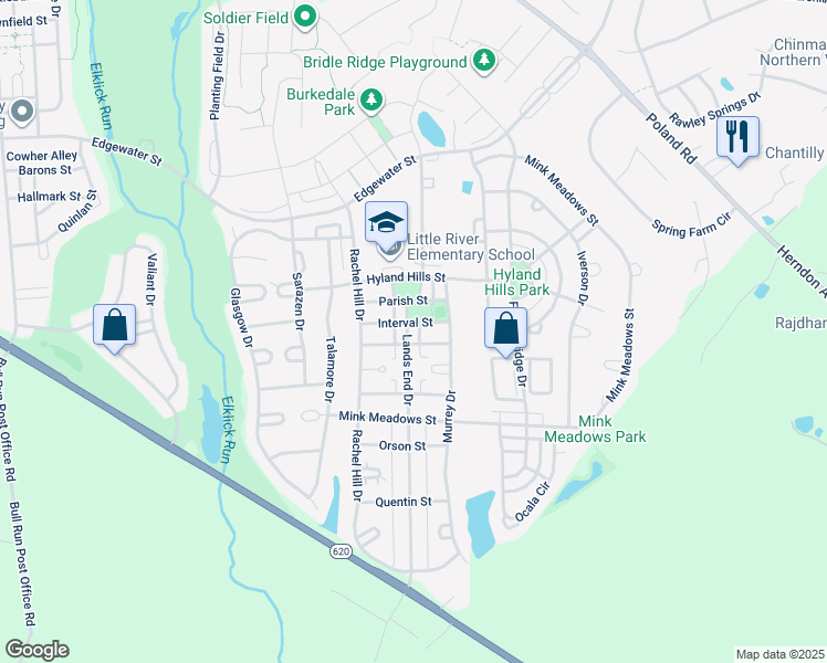 map of restaurants, bars, coffee shops, grocery stores, and more near 26086 Lands End Drive in Chantilly
