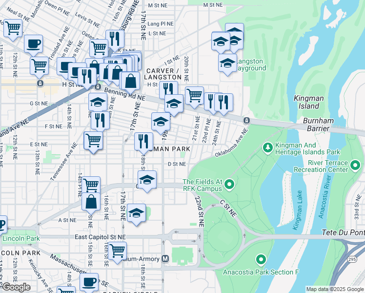 map of restaurants, bars, coffee shops, grocery stores, and more near 2017 E Street Northeast in Washington