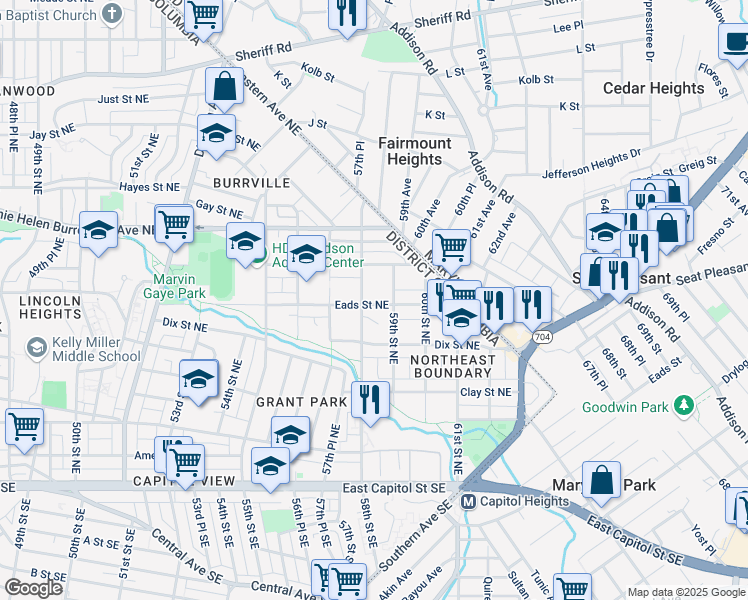 map of restaurants, bars, coffee shops, grocery stores, and more near 5804 Eads Street Northeast in Washington