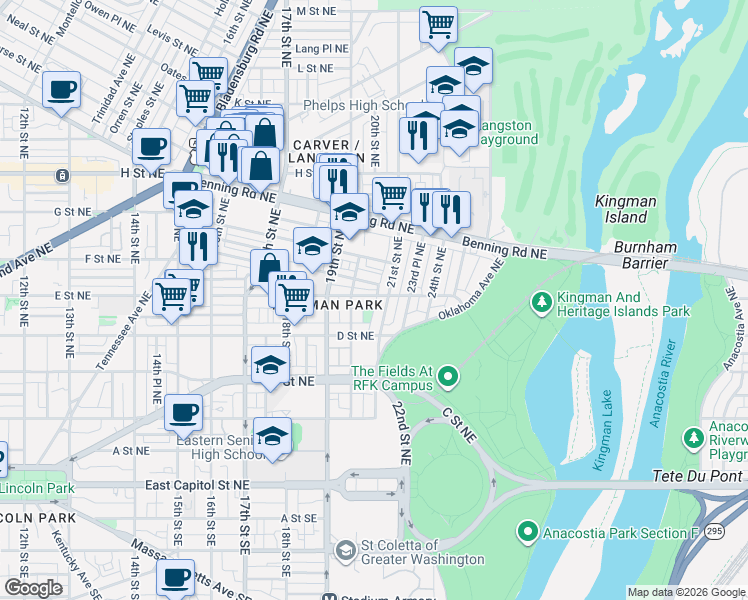 map of restaurants, bars, coffee shops, grocery stores, and more near 101 Independence Avenue Southeast in Washington