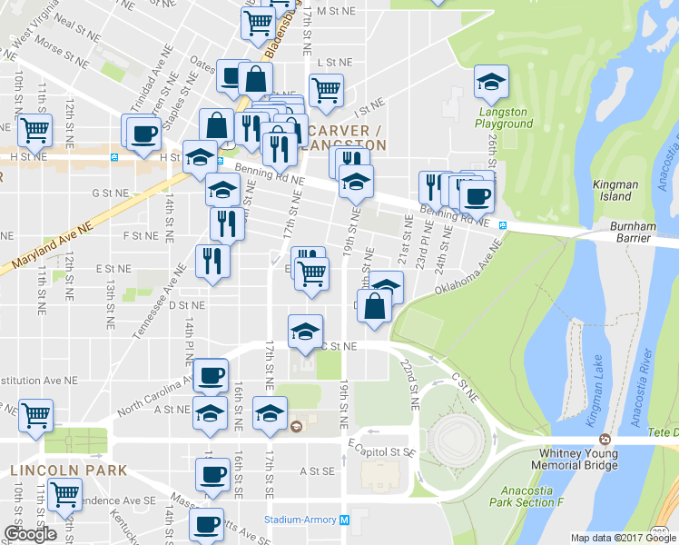map of restaurants, bars, coffee shops, grocery stores, and more near in Washington