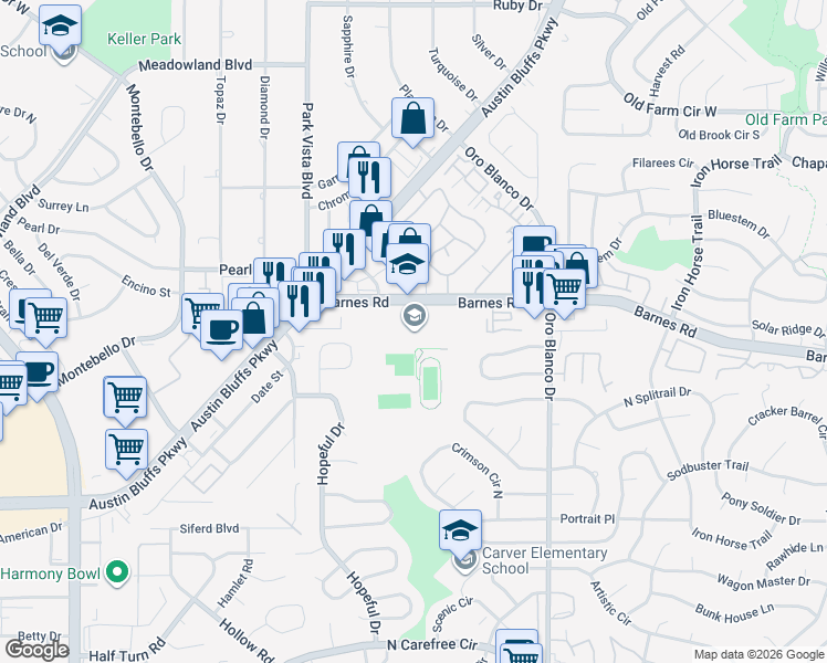 map of restaurants, bars, coffee shops, grocery stores, and more near 4515 Barnes Road in Colorado Springs