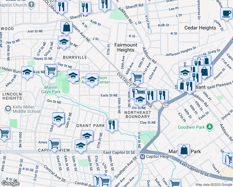 map of restaurants, bars, coffee shops, grocery stores, and more near 5818 Eads Street Northeast in Washington